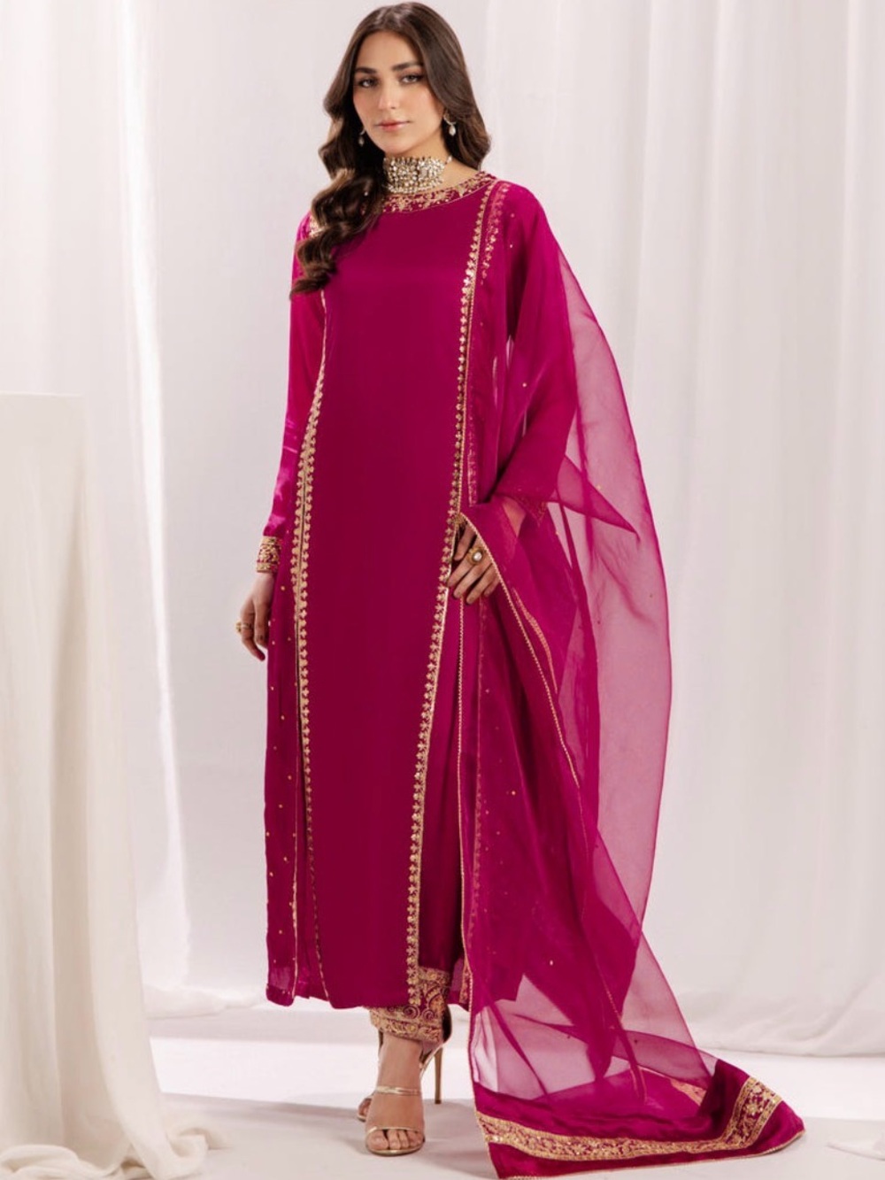Pakistani 3 Piece Silk Suit - Magenta
